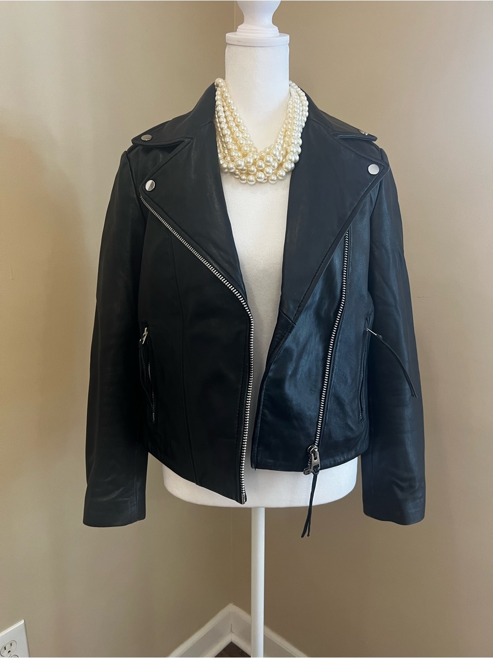 Mango Black Leather Asymmetrical Moto Jacket